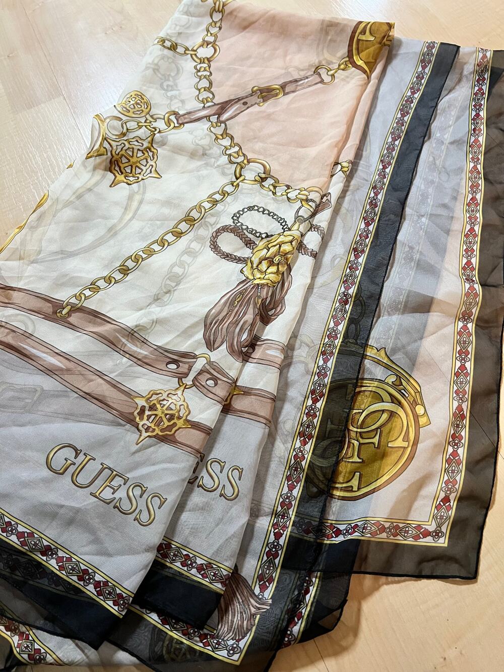 GUESS Women Silk Scarf Large Square Black Gold Chain Baroque Print Vintage Style